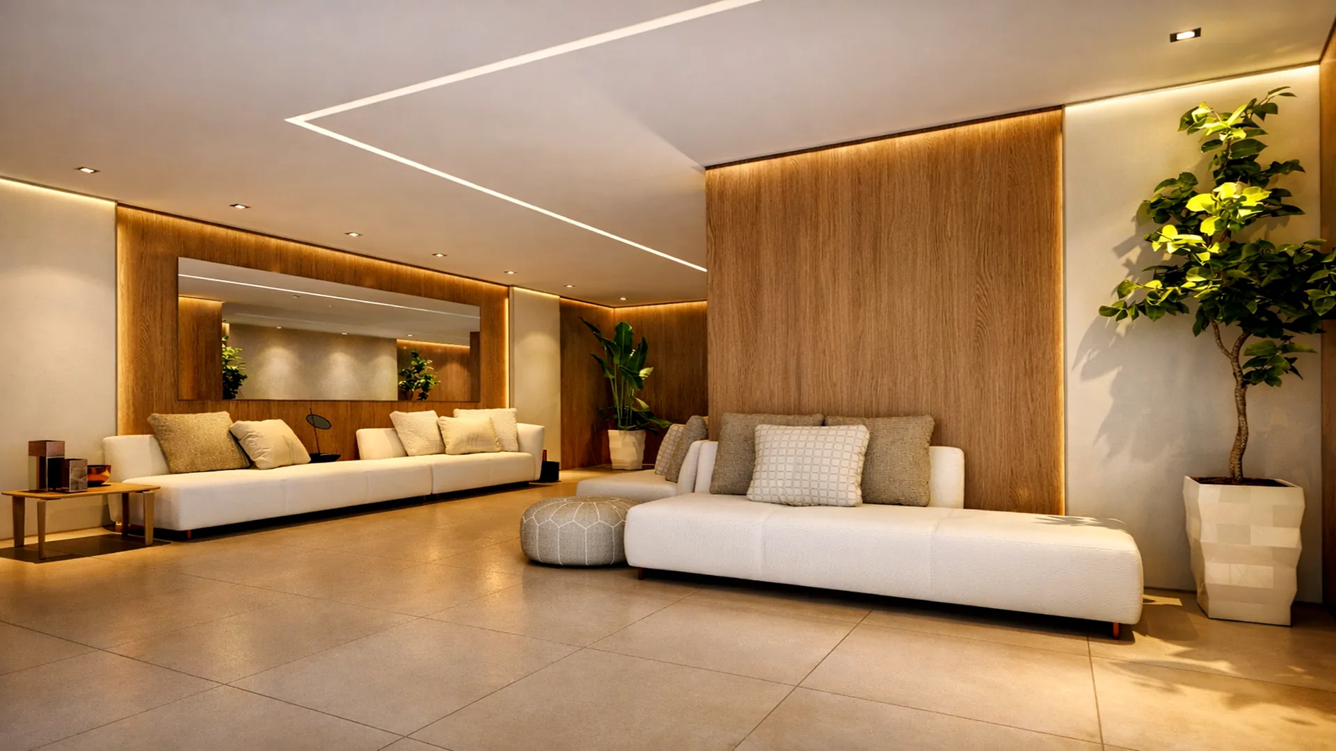 Hall de entrada com painéis de madeira, sofás claros e iluminação embutida