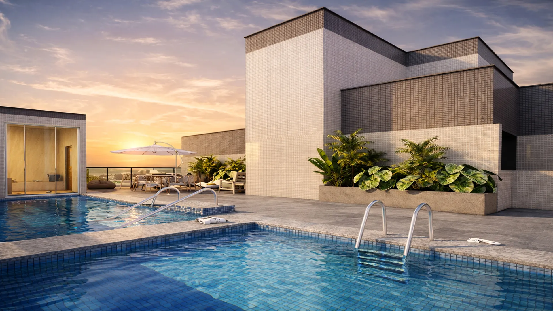 Piscina do rooftop com vista para a cidade e o pôr do sol