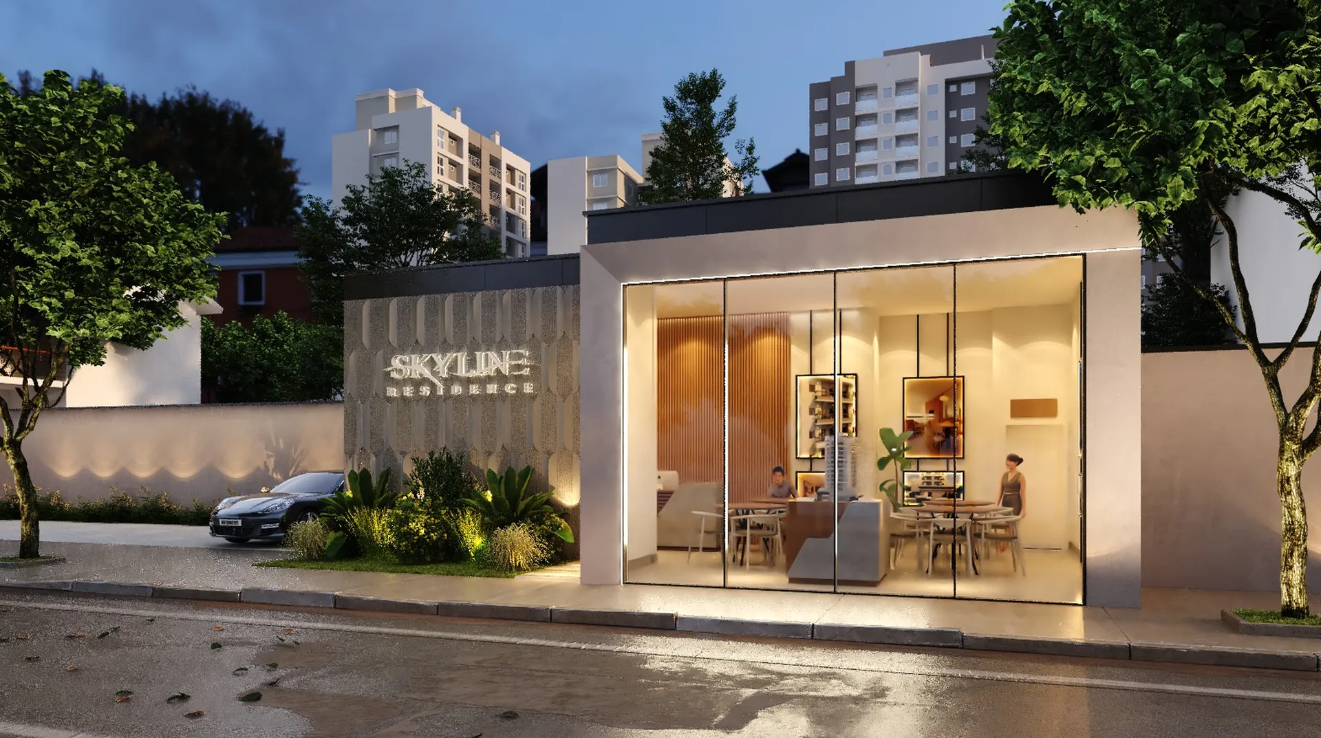Plantão de vendas do Skyline Residence, com fachada envidraçada e a marca na entrada