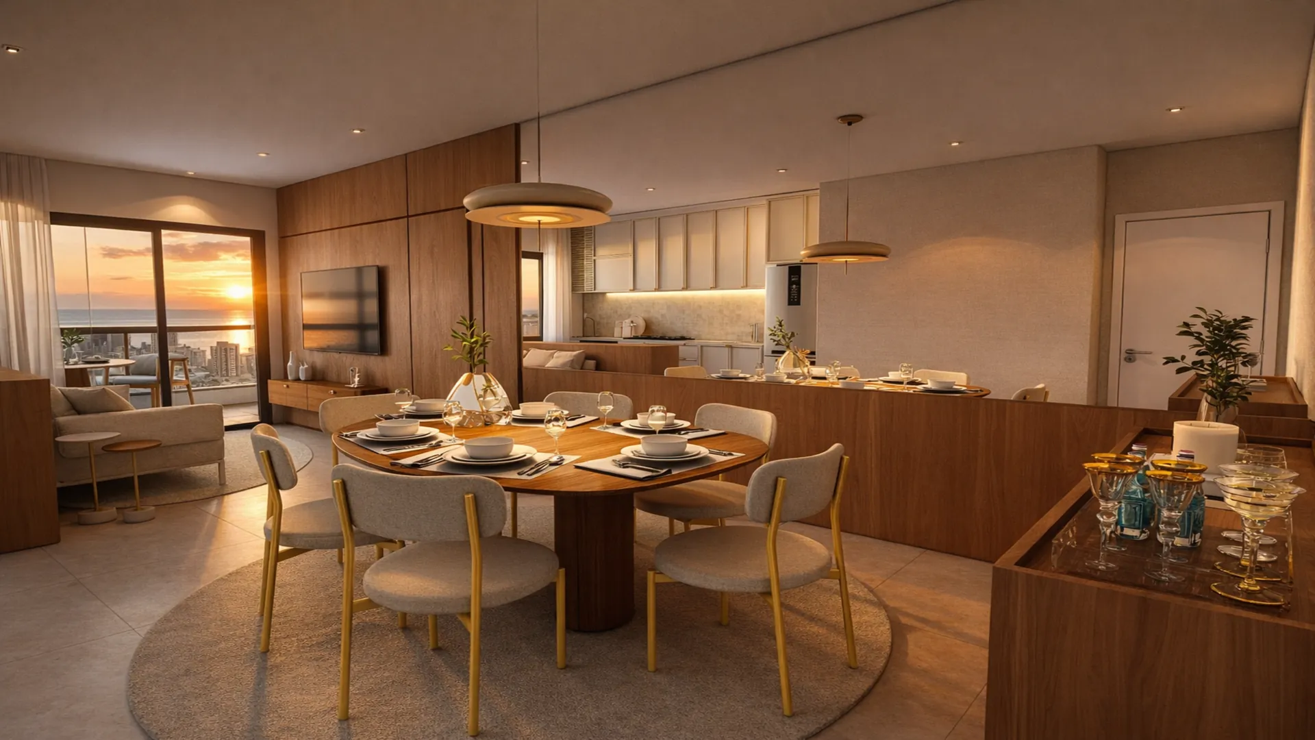 Living integrado: sala de jantar com mesa redonda e cozinha ao fundo