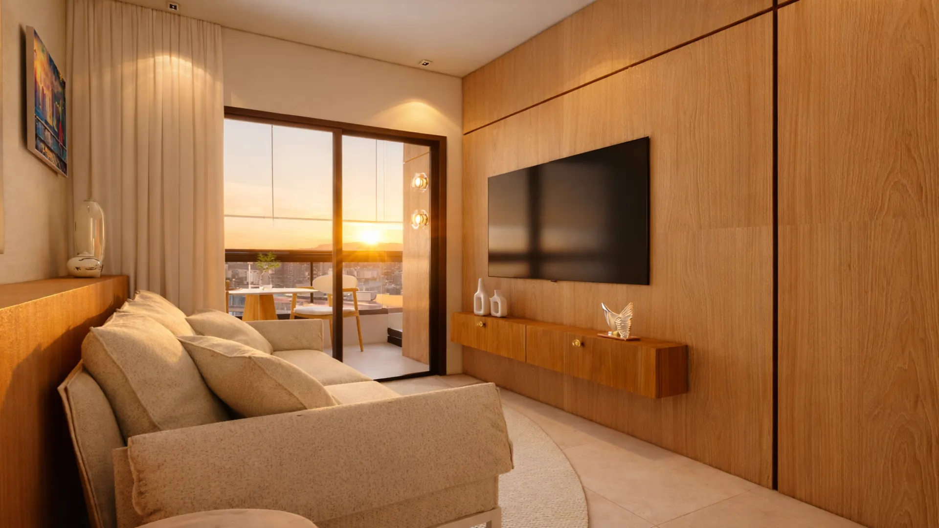 Sala de estar com painel de madeira e vista para a sacada