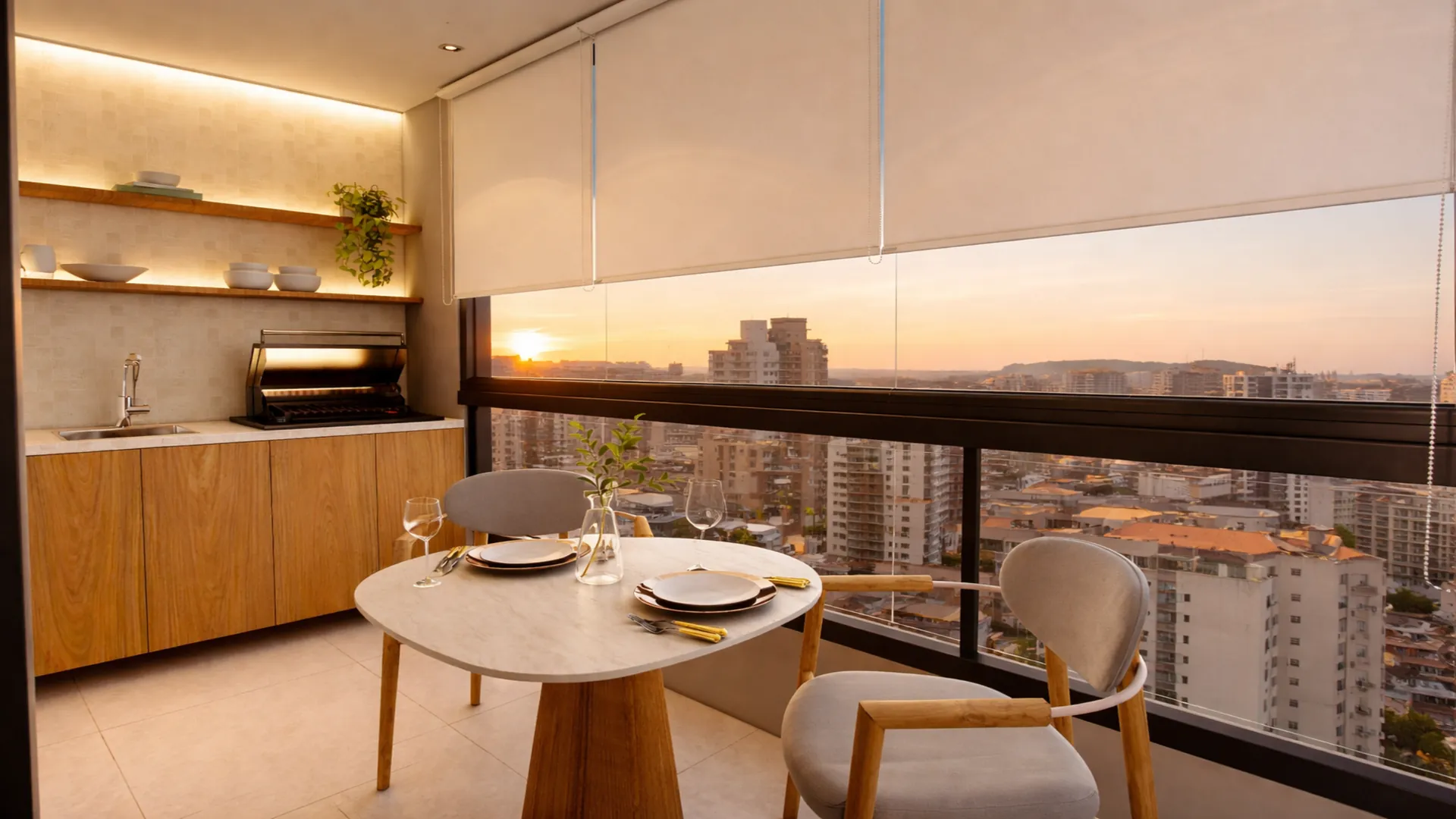 Sacada gourmet com churrasqueira, mesa e vista para a cidade