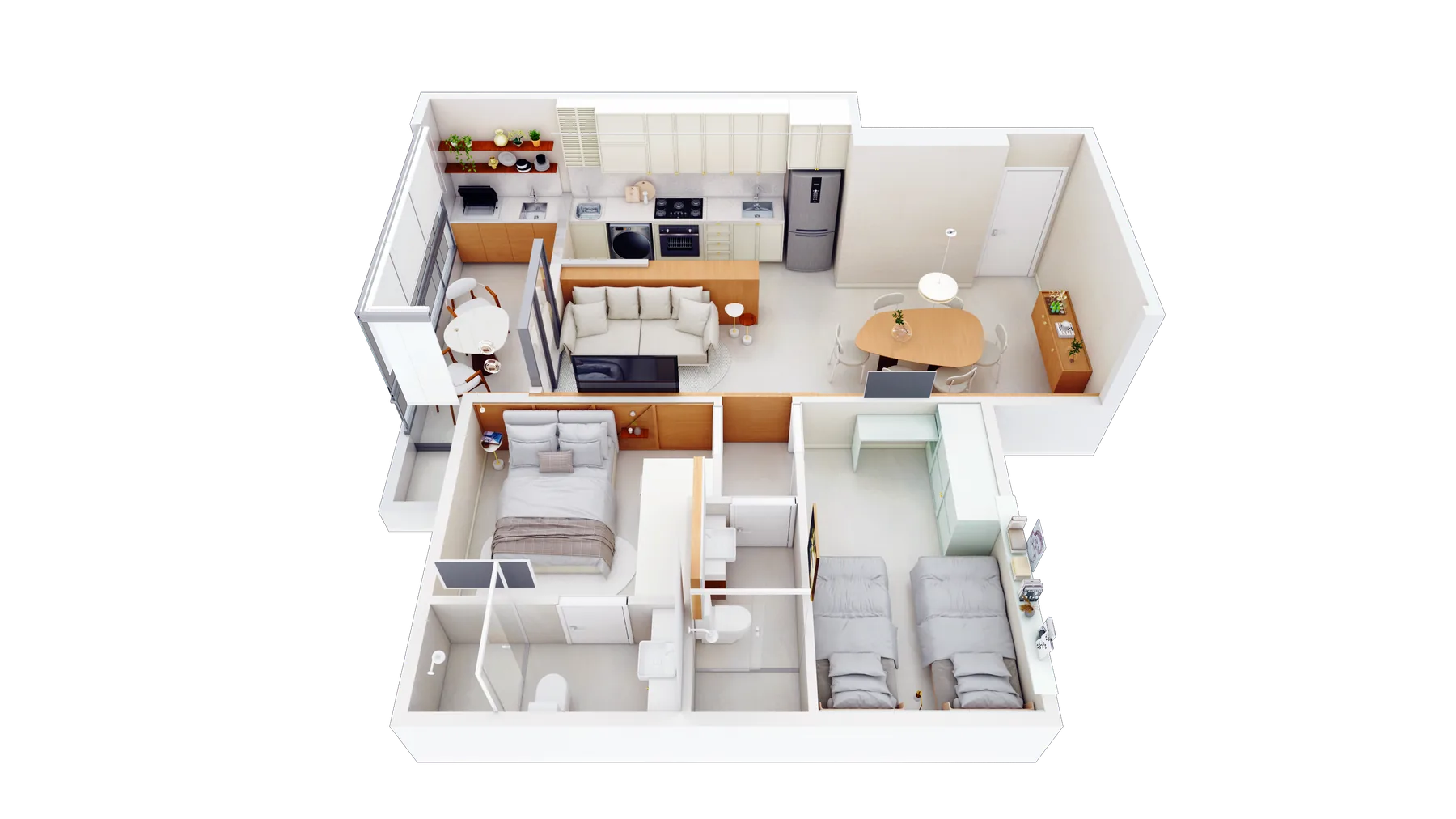 Planta ilustrativa em 3D de um apartamento de 2 dormitórios